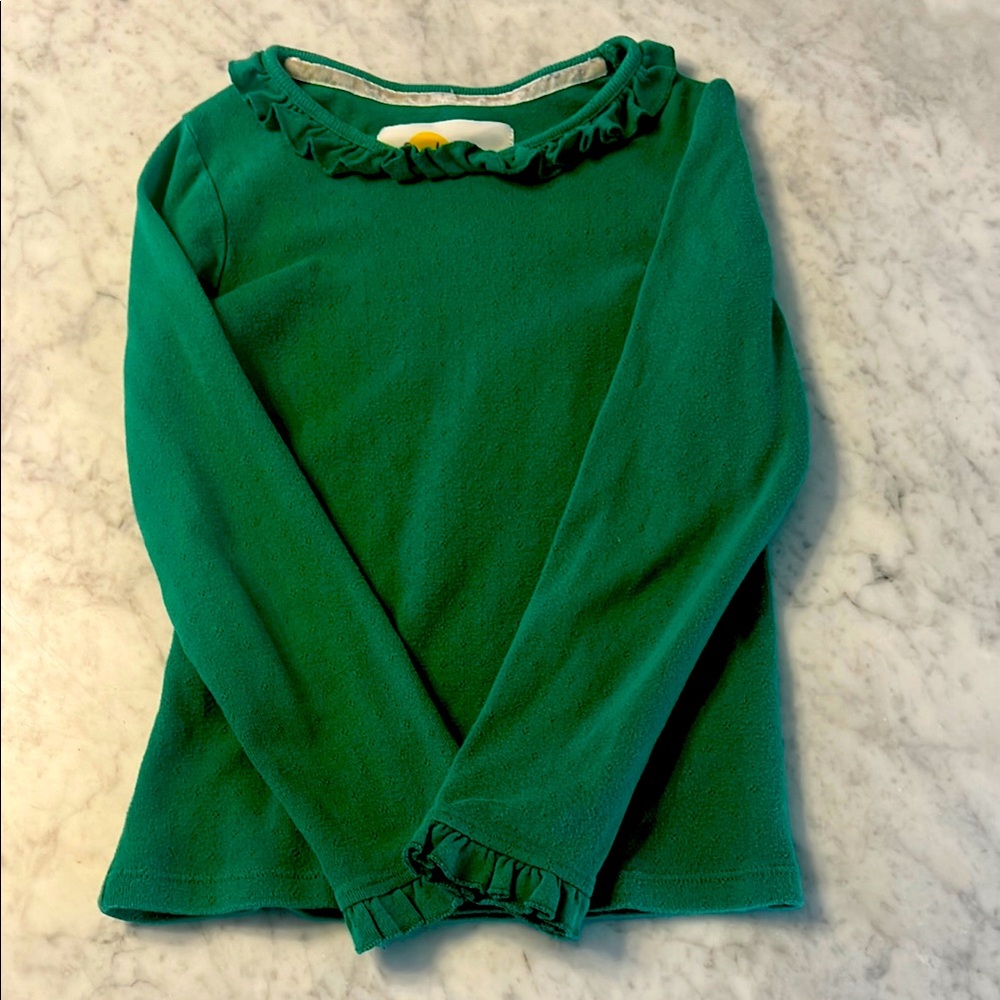 Mini Boden green cotton pointelle long sleeved ruffle shirt